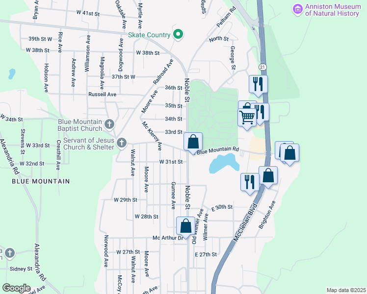 map of restaurants, bars, coffee shops, grocery stores, and more near 3200 Noble Street in Anniston
