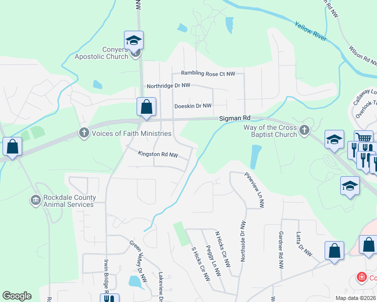 map of restaurants, bars, coffee shops, grocery stores, and more near 1615 Tanglewood Way Northwest in Conyers