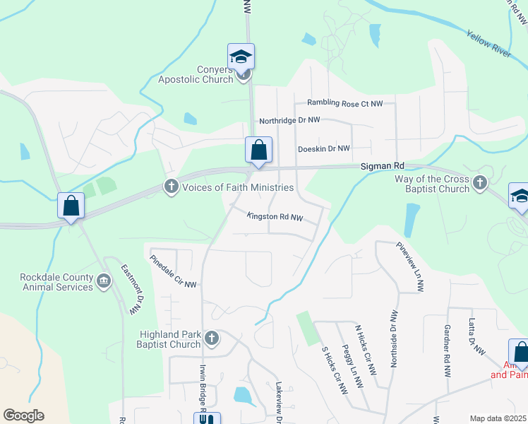 map of restaurants, bars, coffee shops, grocery stores, and more near 1611 Wesley Way Northwest in Conyers