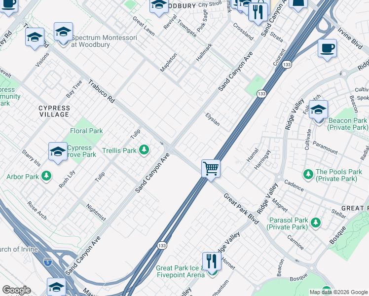 map of restaurants, bars, coffee shops, grocery stores, and more near 43 Jonquil in Irvine