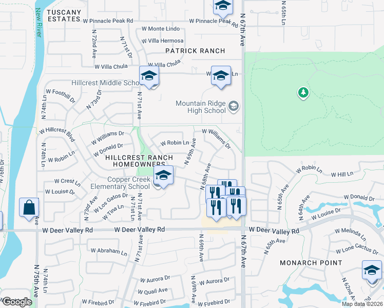 map of restaurants, bars, coffee shops, grocery stores, and more near 22385 North 69th Avenue in Glendale
