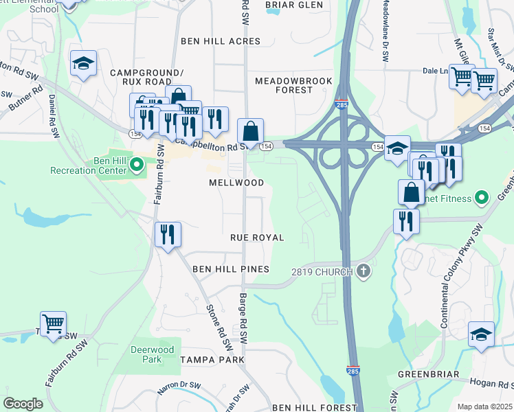 map of restaurants, bars, coffee shops, grocery stores, and more near 2519 Rex Avenue Southwest in Atlanta