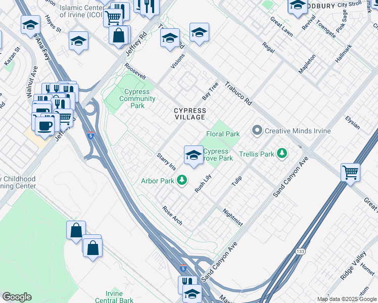 map of restaurants, bars, coffee shops, grocery stores, and more near 123 Mountain Violet in Irvine