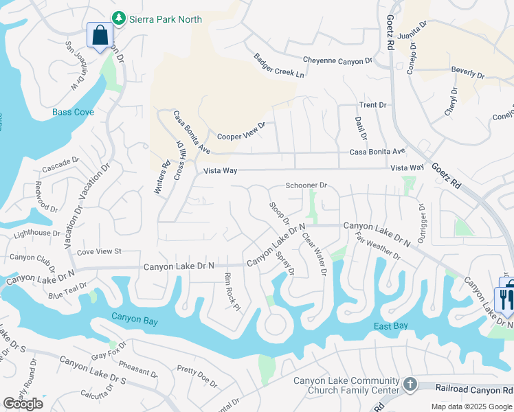 map of restaurants, bars, coffee shops, grocery stores, and more near 29810 Smugglers Point Drive in Canyon Lake