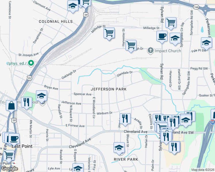 map of restaurants, bars, coffee shops, grocery stores, and more near 2494 Batavia Street in East Point