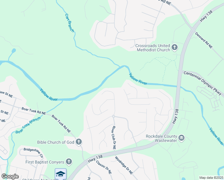 map of restaurants, bars, coffee shops, grocery stores, and more near 1365 River Club Drive Northeast in Conyers