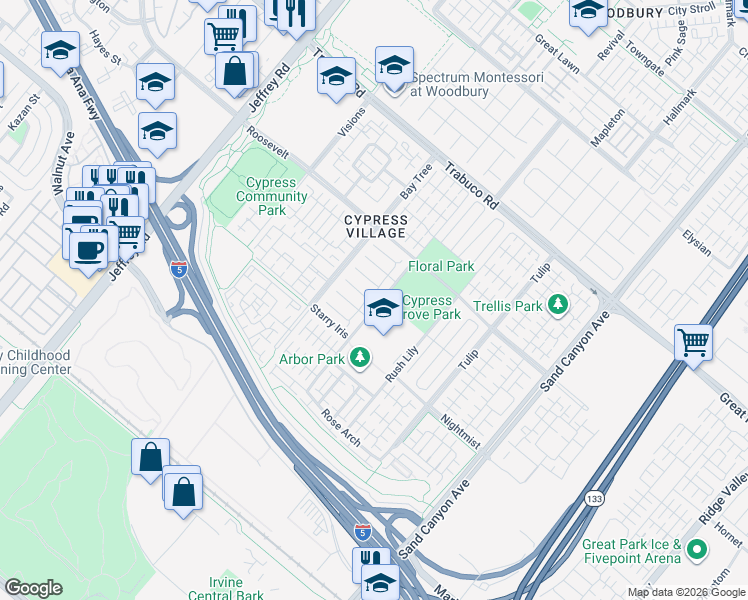 map of restaurants, bars, coffee shops, grocery stores, and more near 123 Mountain Violet in Irvine