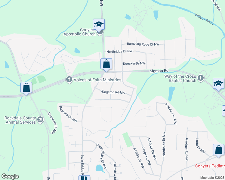 map of restaurants, bars, coffee shops, grocery stores, and more near 1610 Wesley Way Northwest in Conyers