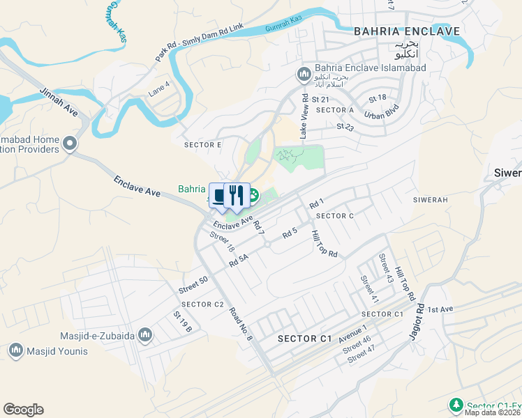 map of restaurants, bars, coffee shops, grocery stores, and more near Enclave Avenue in Islamabad
