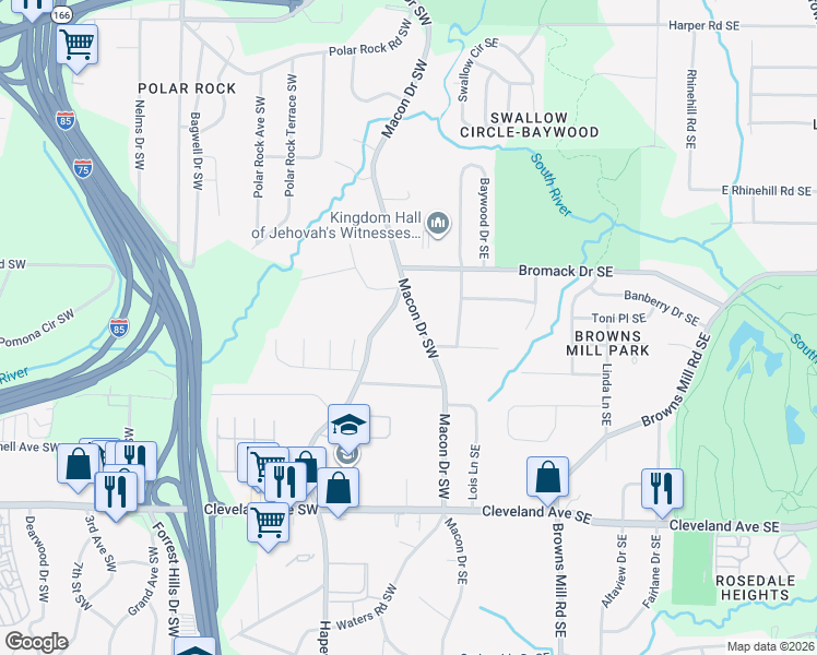 map of restaurants, bars, coffee shops, grocery stores, and more near 25 Bromack Drive Southeast in Atlanta
