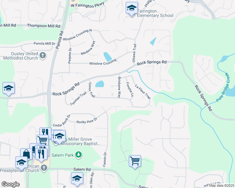 map of restaurants, bars, coffee shops, grocery stores, and more near 3281 Brisbane Way in Stonecrest