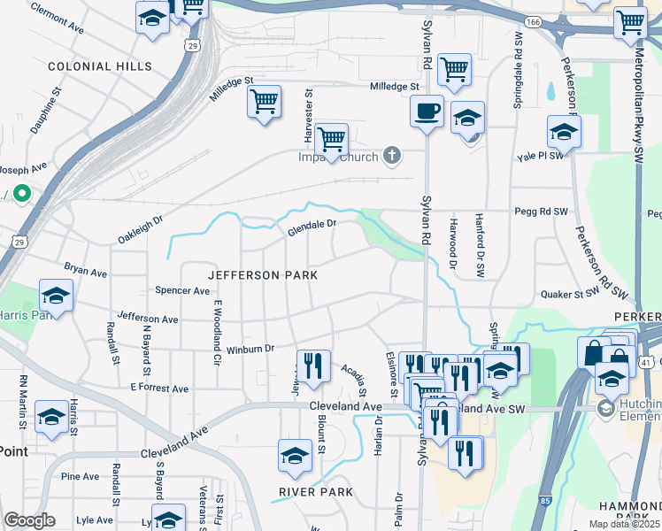 map of restaurants, bars, coffee shops, grocery stores, and more near 1048 Brookdale Drive in East Point