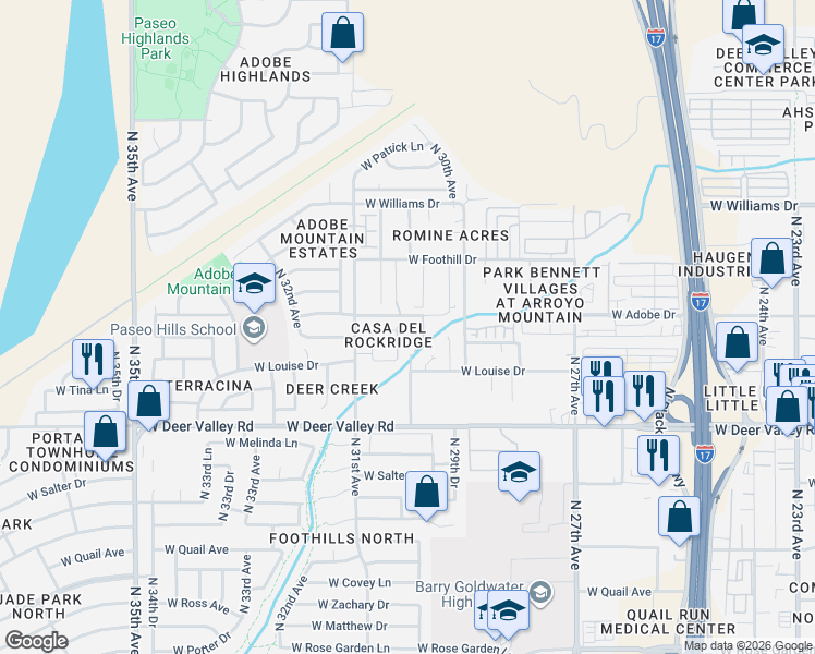 map of restaurants, bars, coffee shops, grocery stores, and more near 2935 West Adobe Drive in Phoenix
