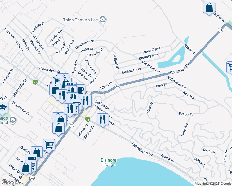 map of restaurants, bars, coffee shops, grocery stores, and more near Illinois Street in Lake Elsinore