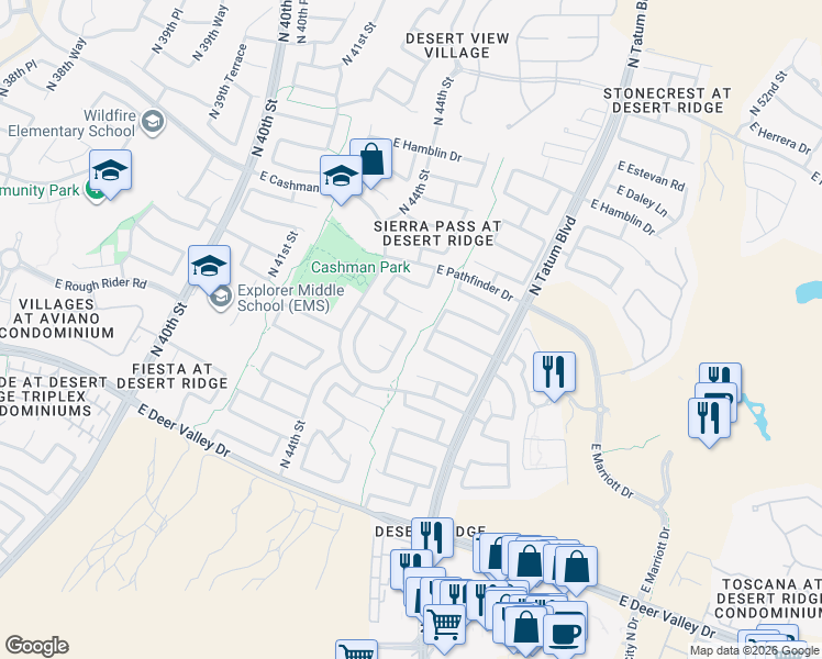 map of restaurants, bars, coffee shops, grocery stores, and more near 22043 North 45th Place in Phoenix
