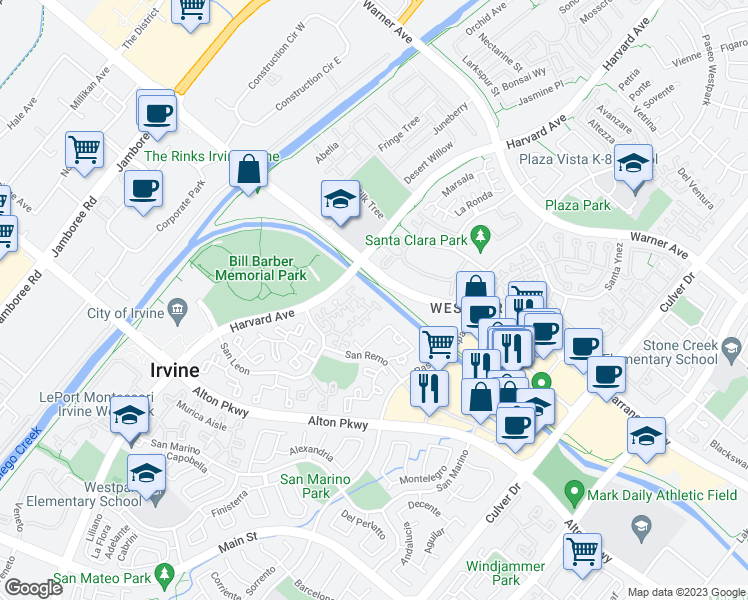 map of restaurants, bars, coffee shops, grocery stores, and more near 10 Crivelli Aisle in Irvine