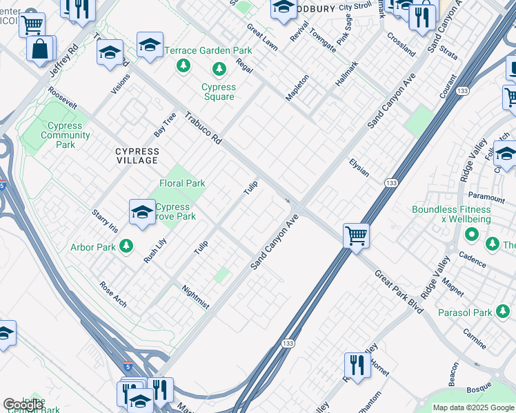 map of restaurants, bars, coffee shops, grocery stores, and more near 88 Field Poppy in Irvine