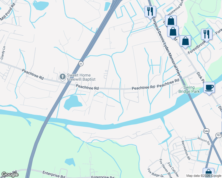 map of restaurants, bars, coffee shops, grocery stores, and more near 4867 Peachtree Road in Myrtle Beach