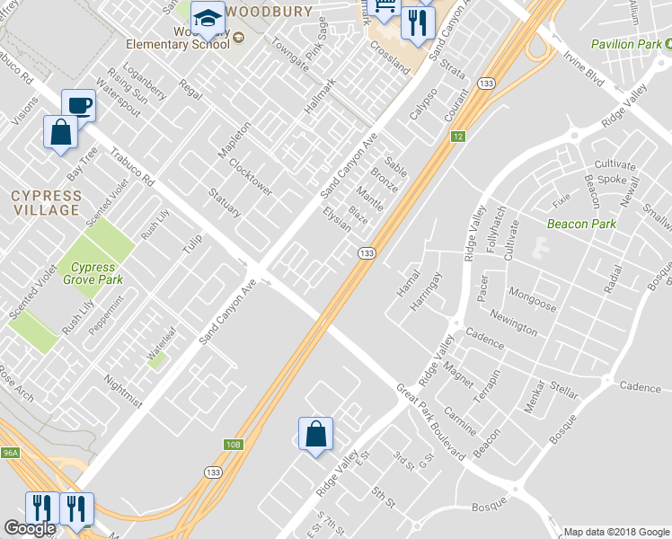 map of restaurants, bars, coffee shops, grocery stores, and more near 80 Hedge Bloom in Irvine