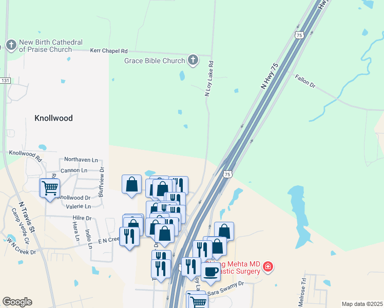 map of restaurants, bars, coffee shops, grocery stores, and more near 4216 North Loy Lake Road in Sherman