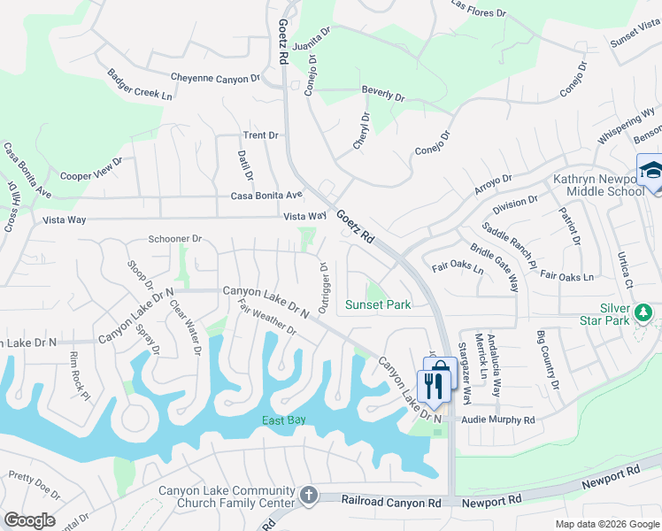 map of restaurants, bars, coffee shops, grocery stores, and more near 24024 Outrigger Drive in Canyon Lake