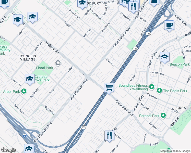 map of restaurants, bars, coffee shops, grocery stores, and more near 60 Peony in Irvine