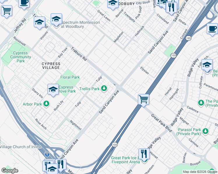 map of restaurants, bars, coffee shops, grocery stores, and more near 124 Hanging Garden in Irvine