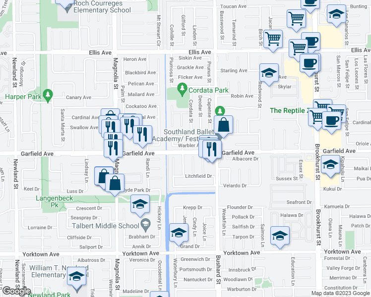map of restaurants, bars, coffee shops, grocery stores, and more near 9340 Warbler Avenue in Fountain Valley