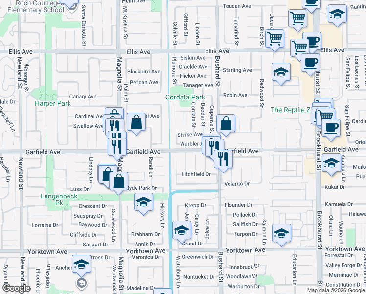 map of restaurants, bars, coffee shops, grocery stores, and more near 9340 Warbler Avenue in Fountain Valley