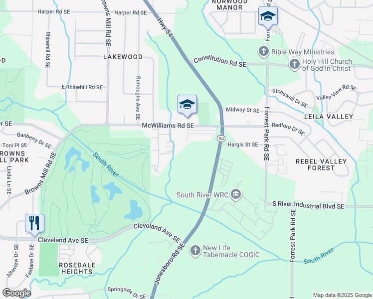 map of restaurants, bars, coffee shops, grocery stores, and more near 2446 Rose Palm Court in Atlanta