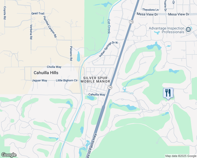 map of restaurants, bars, coffee shops, grocery stores, and more near 22 Silver Spur Drive in Palm Desert