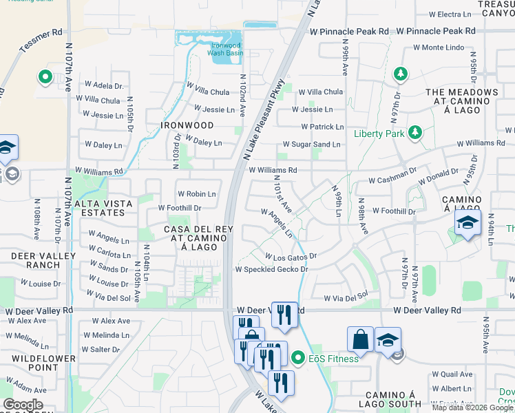 map of restaurants, bars, coffee shops, grocery stores, and more near 10178 West Angels Lane in Peoria