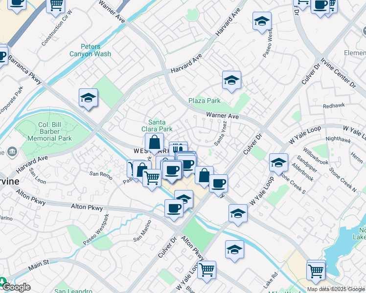 map of restaurants, bars, coffee shops, grocery stores, and more near 1104 Solvay Aisle in Irvine