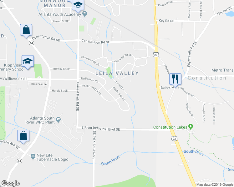 map of restaurants, bars, coffee shops, grocery stores, and more near 1306 Redford Drive Southeast in Atlanta