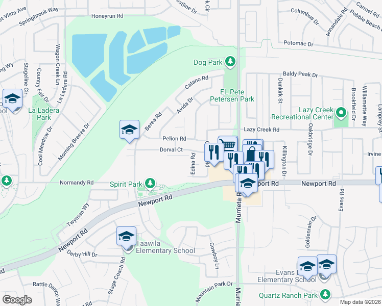 map of restaurants, bars, coffee shops, grocery stores, and more near 25765 Dorval Court in Menifee