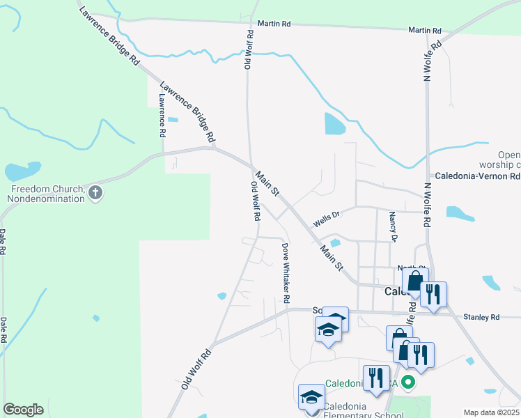 map of restaurants, bars, coffee shops, grocery stores, and more near 18 Sanders Ln in Caledonia