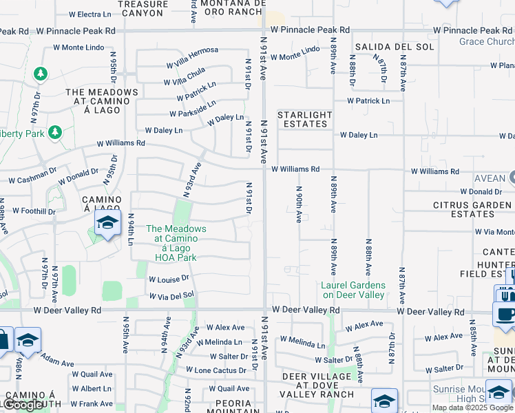 map of restaurants, bars, coffee shops, grocery stores, and more near 22423 North 91st Avenue in Peoria