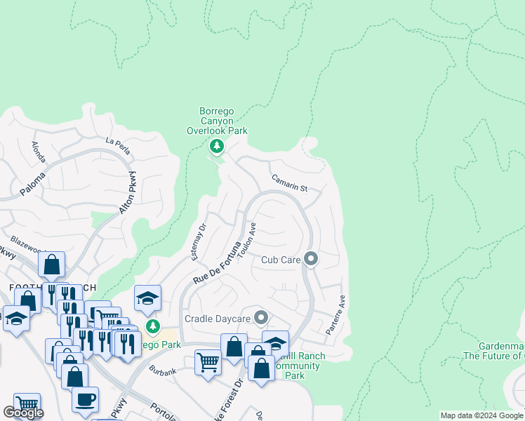 map of restaurants, bars, coffee shops, grocery stores, and more near 1 Avance Lane in Lake Forest