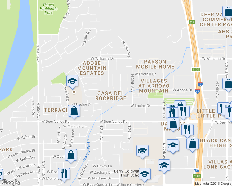 map of restaurants, bars, coffee shops, grocery stores, and more near 2935 West Adobe Drive in Phoenix