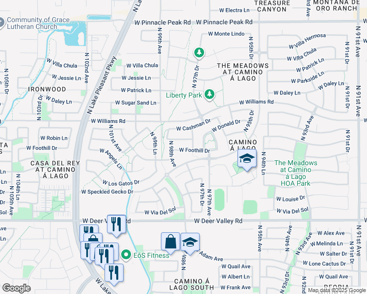 map of restaurants, bars, coffee shops, grocery stores, and more near 9778 West Foothill Drive in Peoria