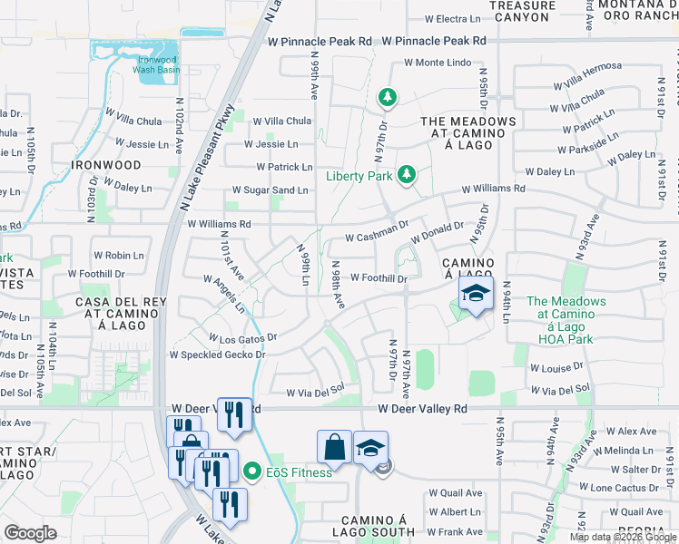 map of restaurants, bars, coffee shops, grocery stores, and more near 22412 North 98th Avenue in Peoria