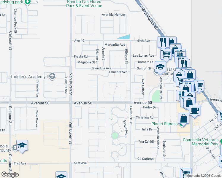 map of restaurants, bars, coffee shops, grocery stores, and more near 49743 Calle Quinterra in Coachella