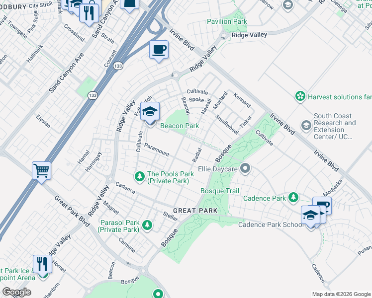 map of restaurants, bars, coffee shops, grocery stores, and more near North 8th Street in Irvine