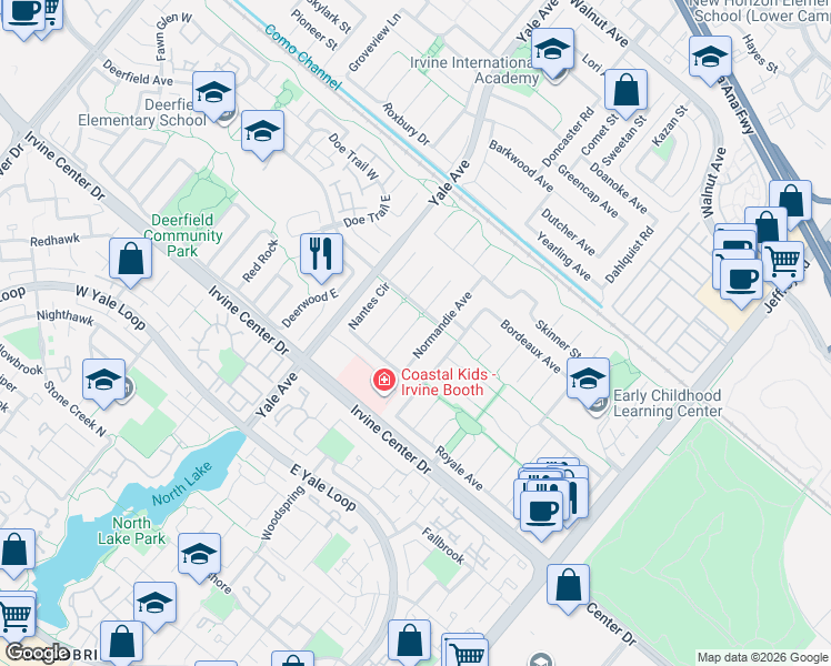 map of restaurants, bars, coffee shops, grocery stores, and more near 15331 Moulins Circle in Irvine