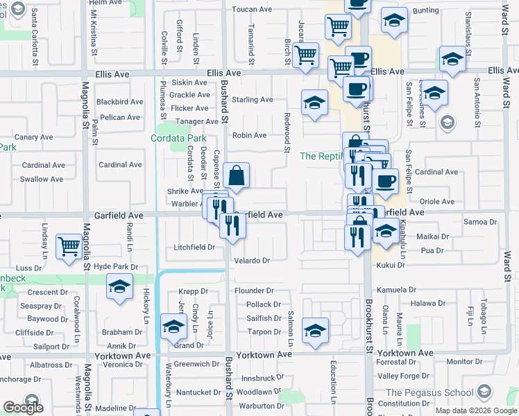 map of restaurants, bars, coffee shops, grocery stores, and more near 9666 Shimizu River Circle in Fountain Valley
