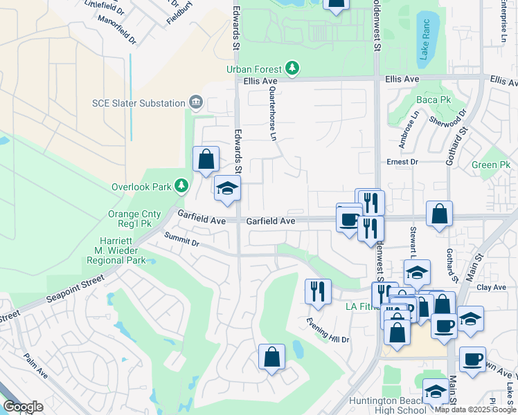 map of restaurants, bars, coffee shops, grocery stores, and more near 18956 Caddington Circle in Huntington Beach