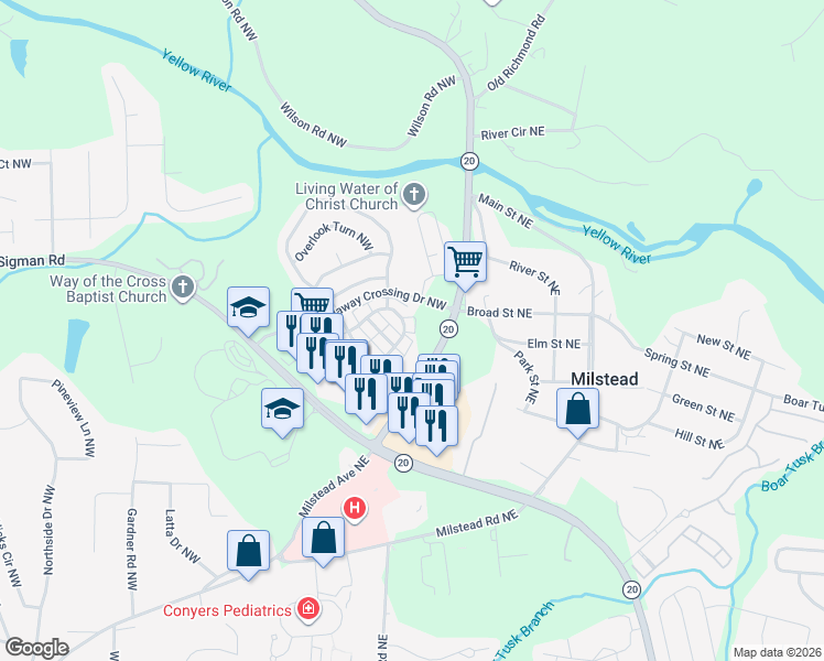 map of restaurants, bars, coffee shops, grocery stores, and more near 203 Odyssey Turn Northwest in Conyers
