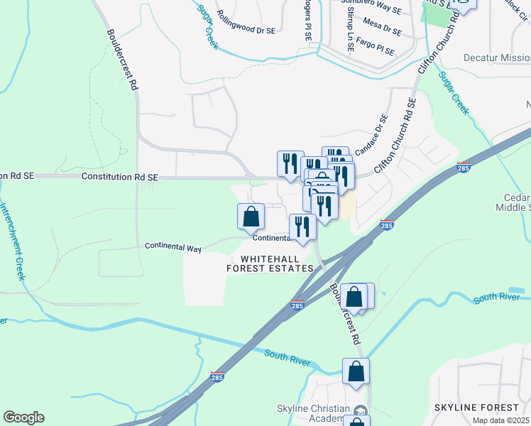 map of restaurants, bars, coffee shops, grocery stores, and more near 28 Bouldercrest Road in Atlanta