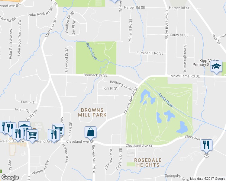 map of restaurants, bars, coffee shops, grocery stores, and more near 257 Toni Place Southeast in Atlanta