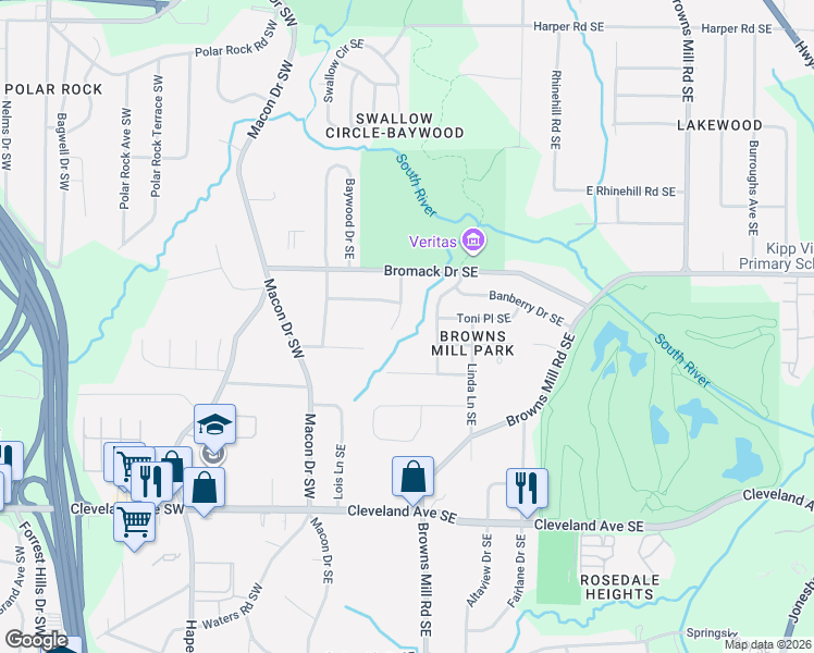 map of restaurants, bars, coffee shops, grocery stores, and more near 2468 Antwerp Drive Southeast in Atlanta